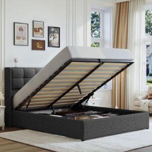 Driftalia Lift Up Queen Size Bed Frame with Storage, Upholstered Queen Bed Frame with Wingback Headboard, No Box Spring Needed, Easy Assembly - Dark Grey