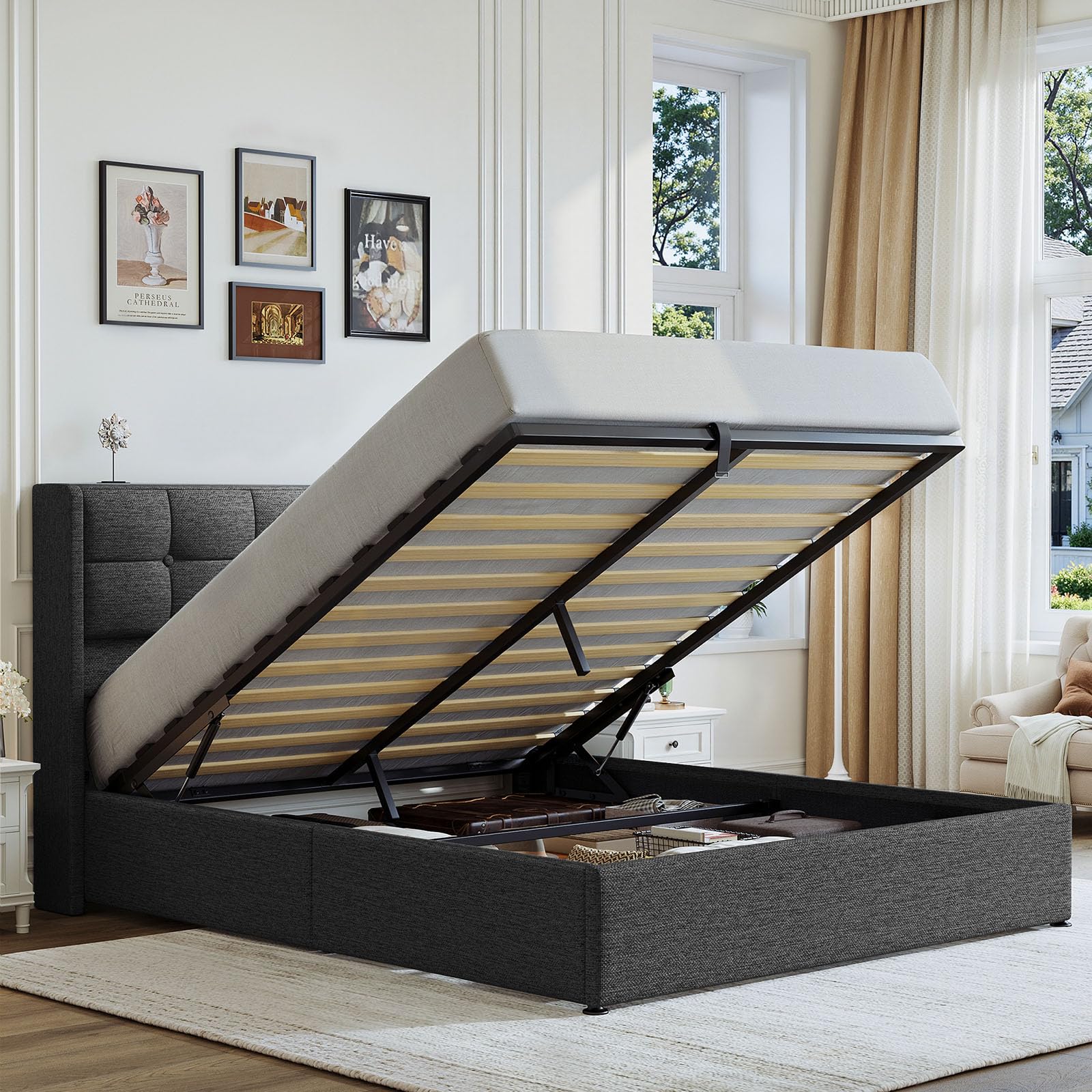 Driftalia Lift Up Queen Size Bed Frame with Storage, Upholstered Queen Bed Frame with Wingback Headboard, No Box Spring Needed, Easy Assembly - Dark Grey
