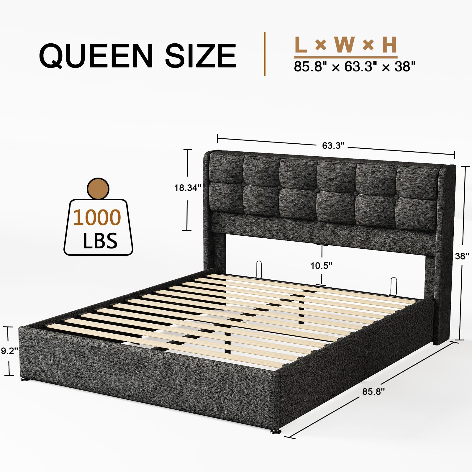 Driftalia Lift Up Queen Size Bed Frame with Storage, Upholstered Queen Bed Frame with Wingback Headboard, No Box Spring Needed, Easy Assembly - Dark Grey - Image 2