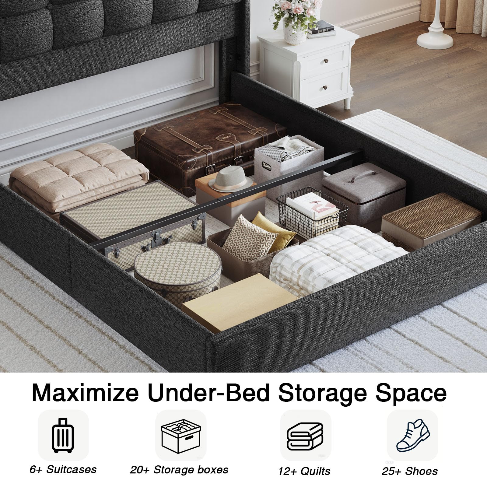 Driftalia Lift Up Queen Size Bed Frame with Storage, Upholstered Queen Bed Frame with Wingback Headboard, No Box Spring Needed, Easy Assembly - Dark Grey - Image 3