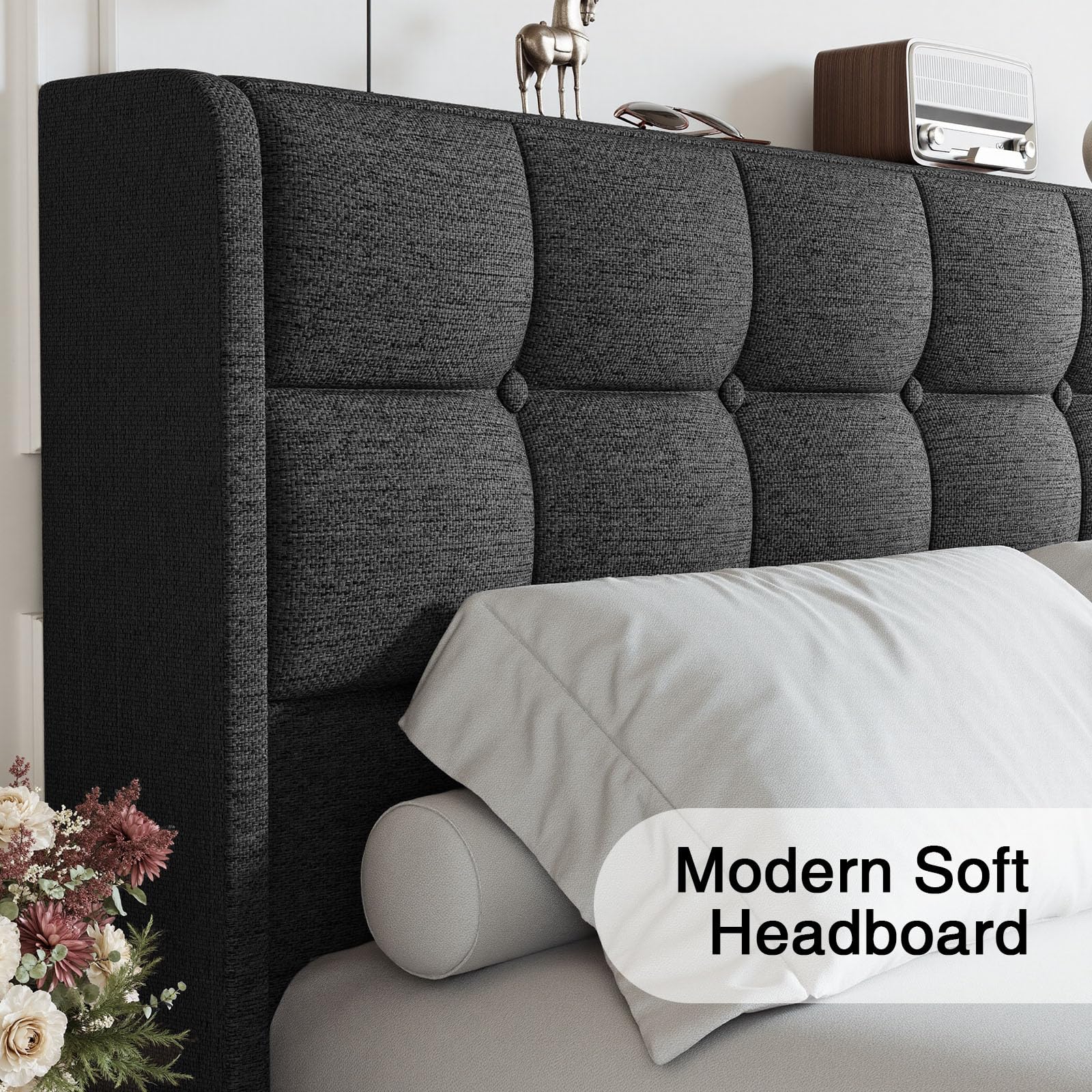 Driftalia Lift Up Queen Size Bed Frame with Storage, Upholstered Queen Bed Frame with Wingback Headboard, No Box Spring Needed, Easy Assembly - Dark Grey - Image 4