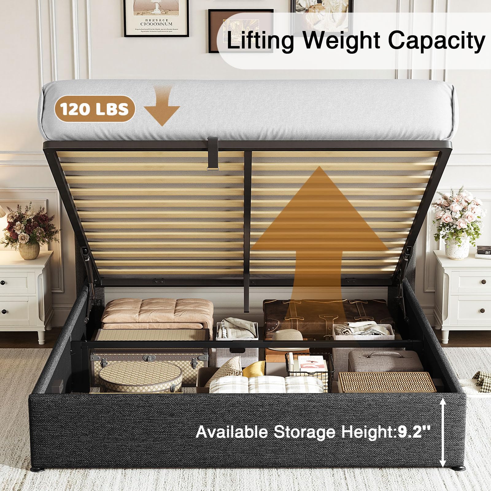 Driftalia Lift Up Queen Size Bed Frame with Storage, Upholstered Queen Bed Frame with Wingback Headboard, No Box Spring Needed, Easy Assembly - Dark Grey - Image 5