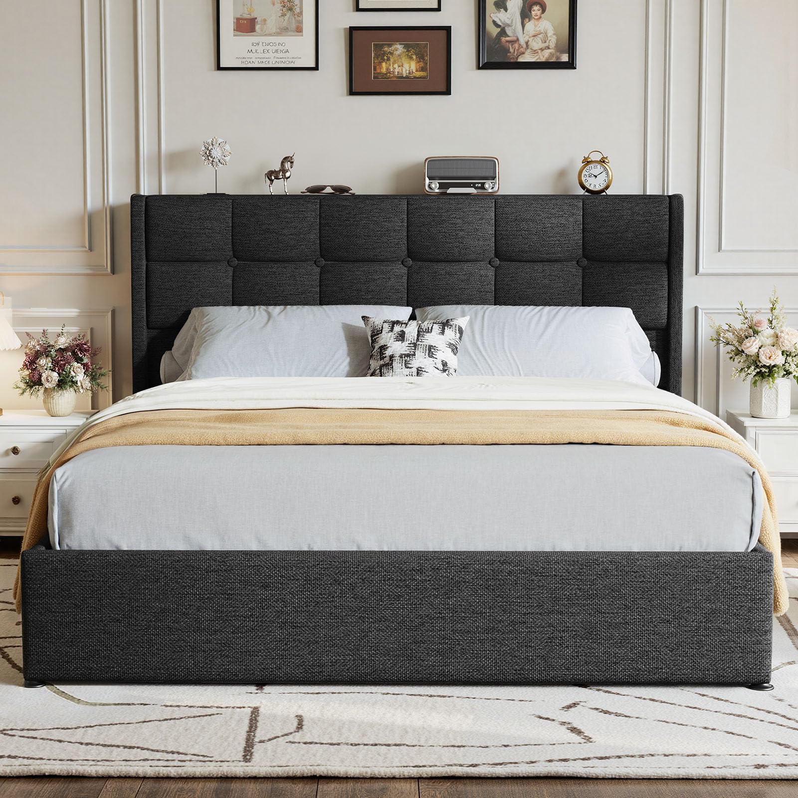 Driftalia Lift Up Queen Size Bed Frame with Storage, Upholstered Queen Bed Frame with Wingback Headboard, No Box Spring Needed, Easy Assembly - Dark Grey - Image 7