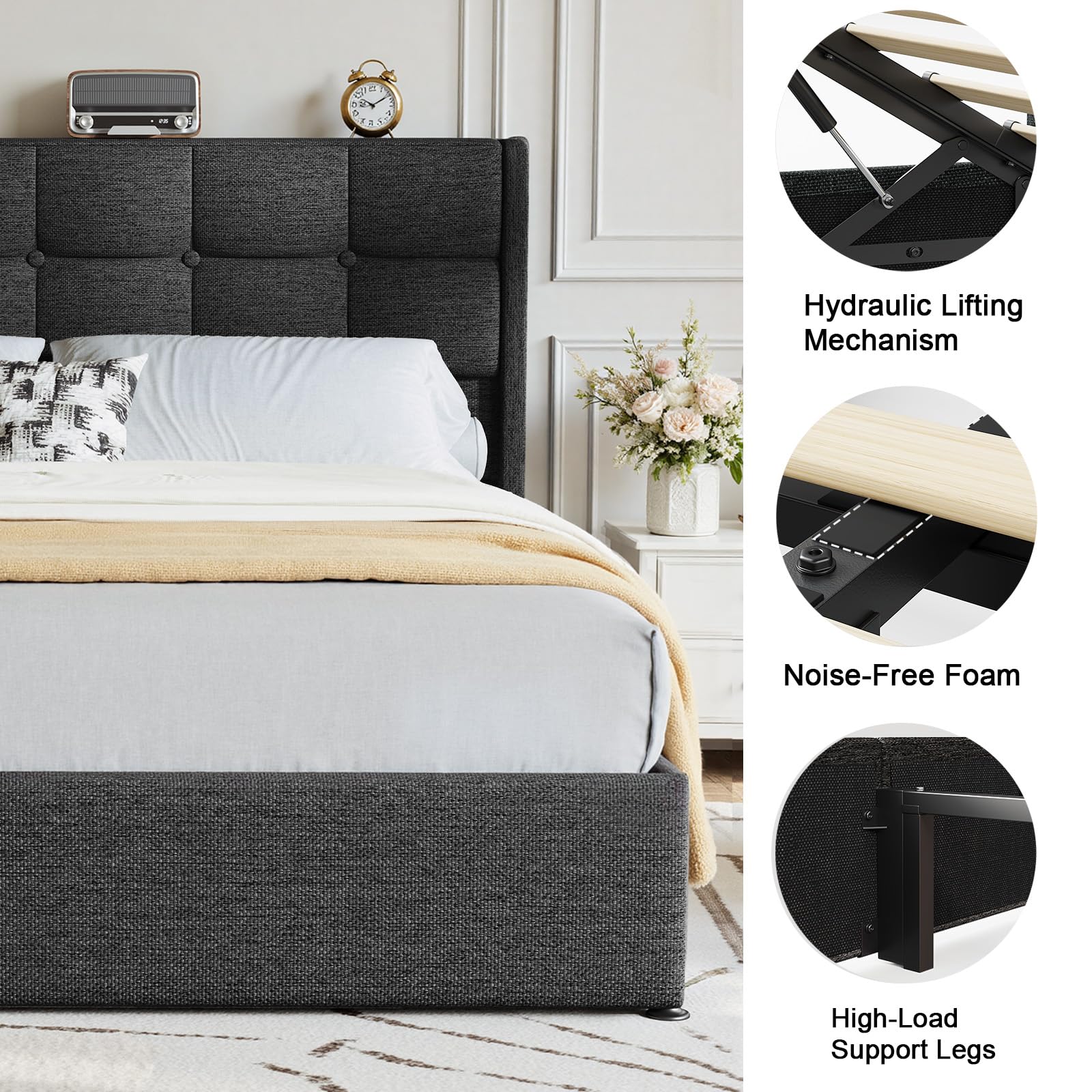 Driftalia Lift Up Queen Size Bed Frame with Storage, Upholstered Queen Bed Frame with Wingback Headboard, No Box Spring Needed, Easy Assembly - Dark Grey - Image 8