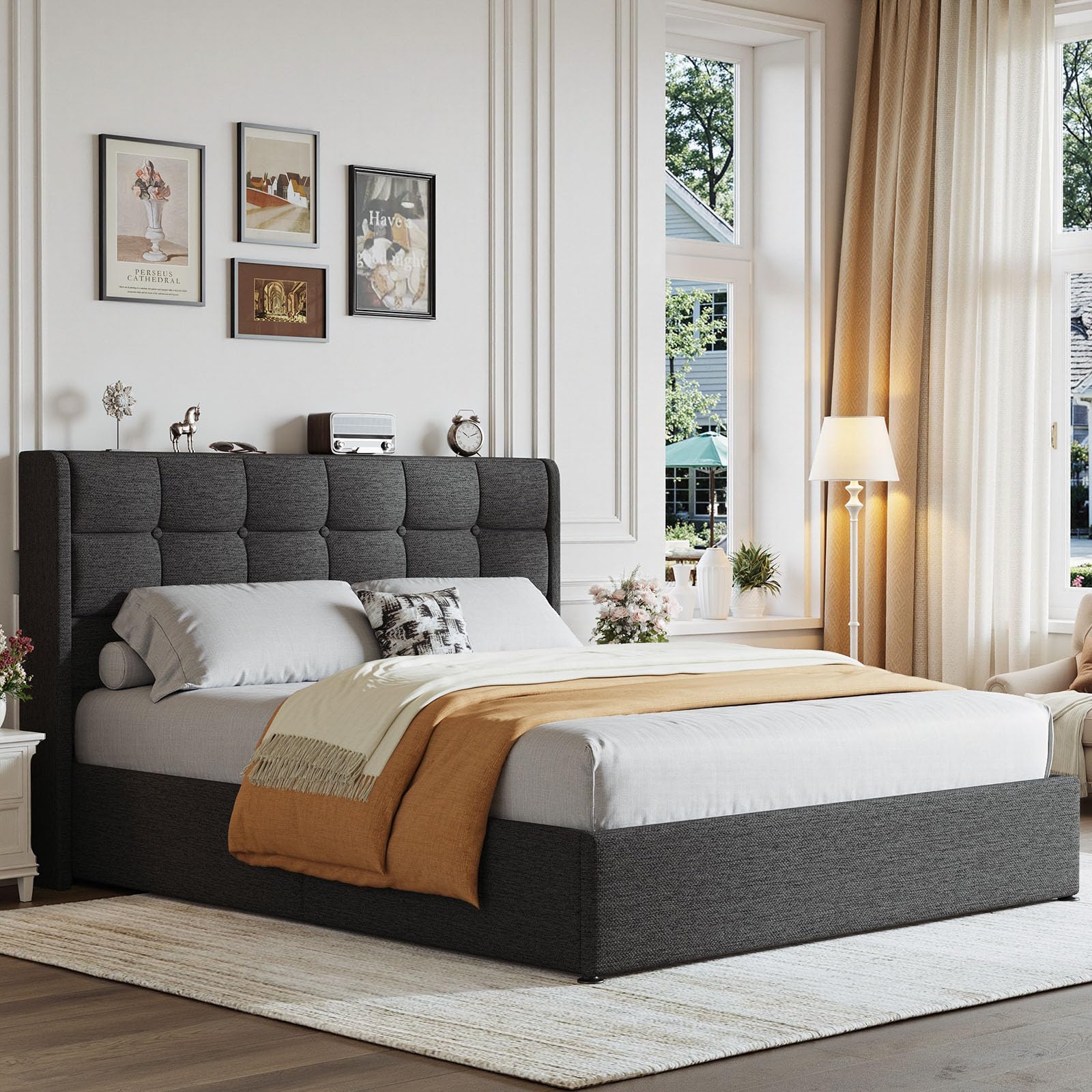Driftalia Lift Up Queen Size Bed Frame with Storage, Upholstered Queen Bed Frame with Wingback Headboard, No Box Spring Needed, Easy Assembly - Dark Grey - Image 9