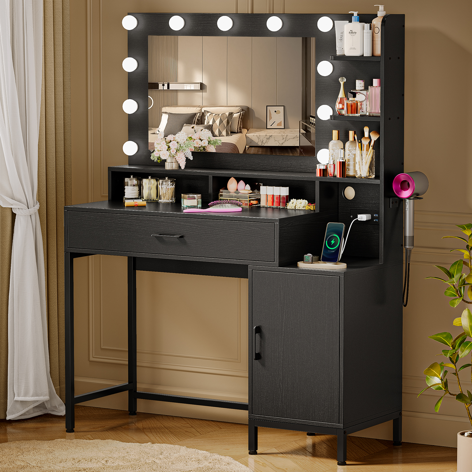 Driftalia Vanity Desk with Mirror and Lights, Makeup Vanity with Storage Drawer, Power Outlet and Large Cabinet for Bedroom - Black