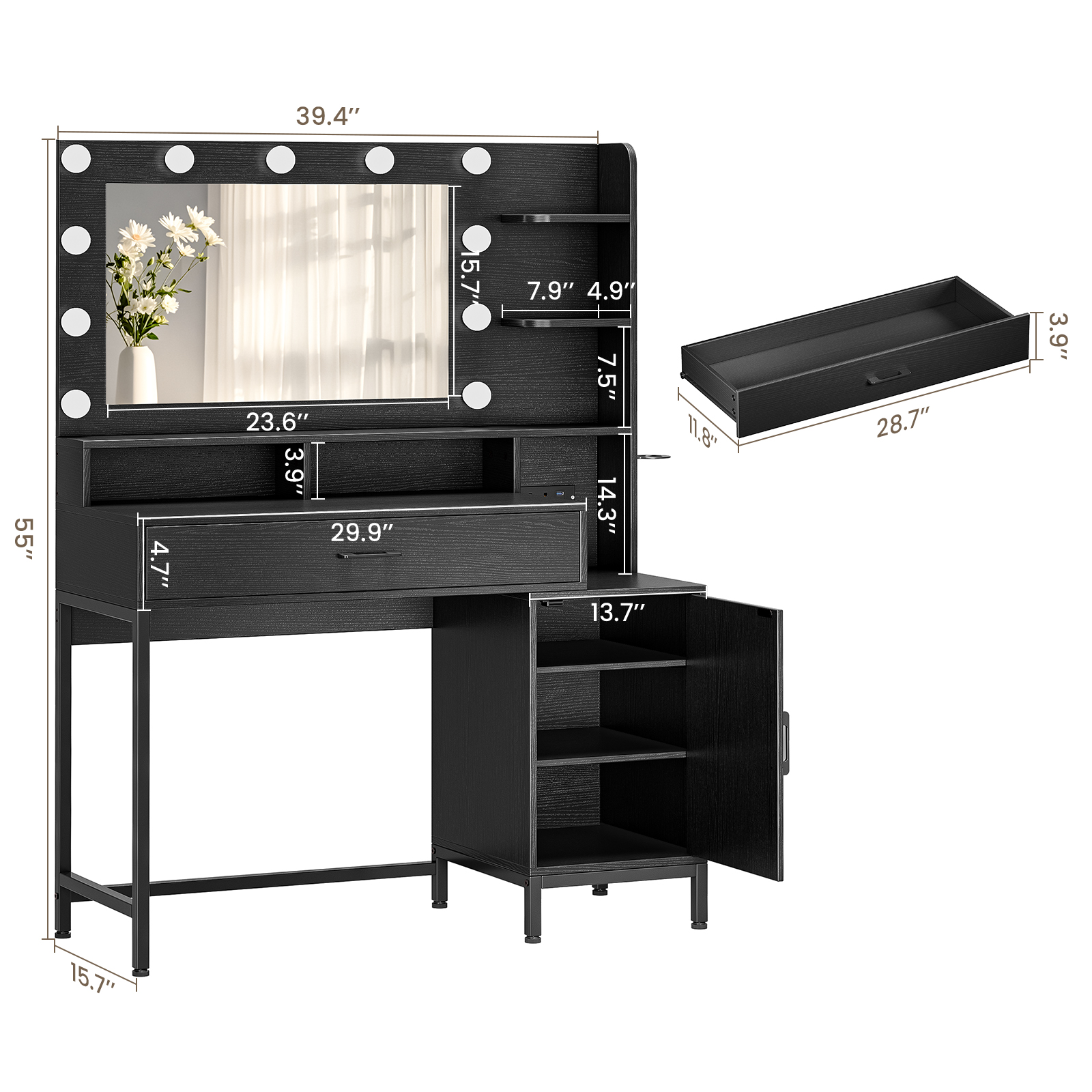 Driftalia Vanity Desk with Mirror and Lights, Makeup Vanity with Storage Drawer, Power Outlet and Large Cabinet for Bedroom - Black - Image 2