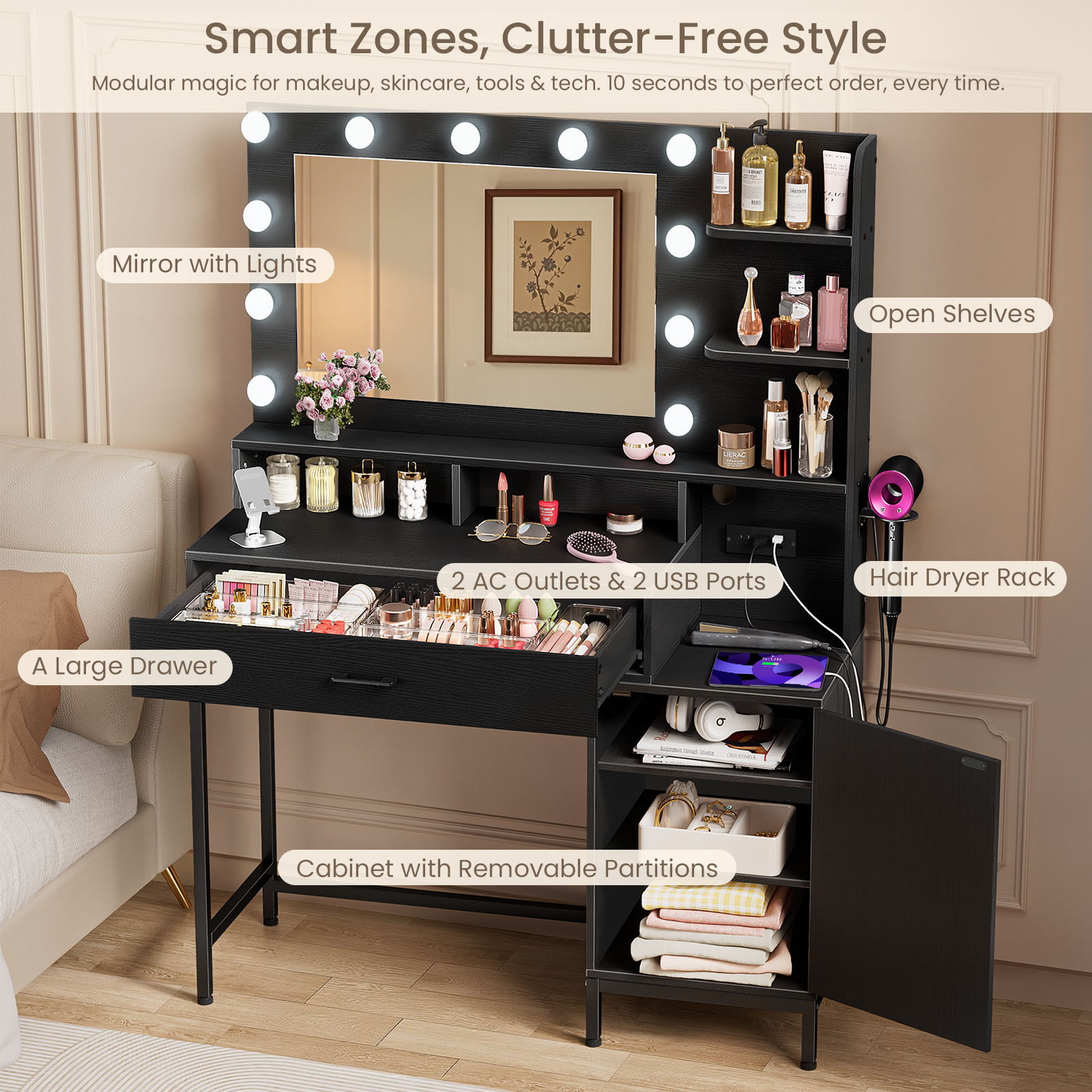 Driftalia Vanity Desk with Mirror and Lights, Makeup Vanity with Storage Drawer, Power Outlet and Large Cabinet for Bedroom - Black - Image 3