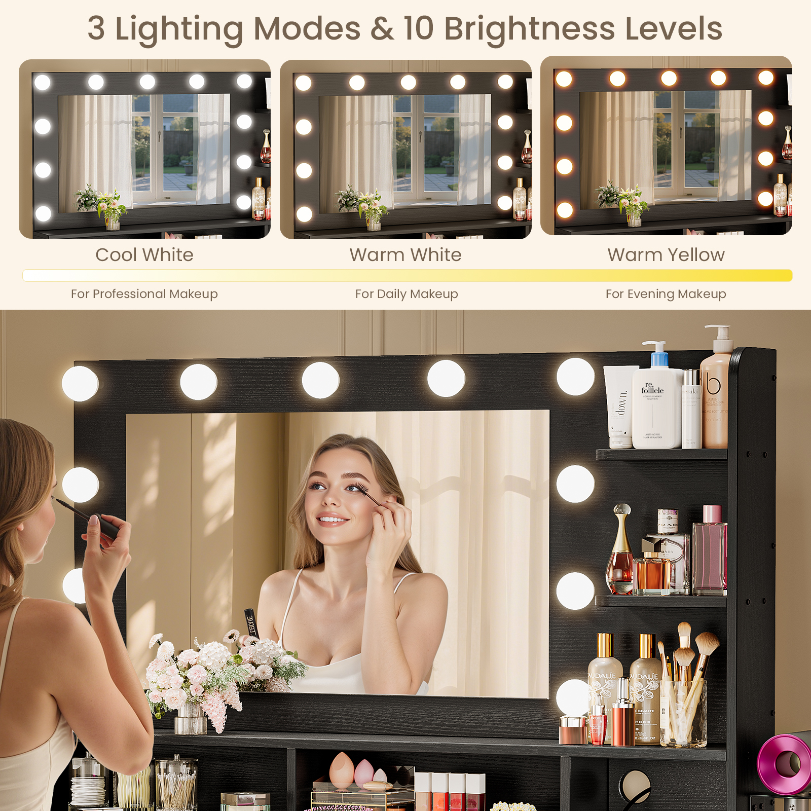 Driftalia Vanity Desk with Mirror and Lights, Makeup Vanity with Storage Drawer, Power Outlet and Large Cabinet for Bedroom - Black - Image 4