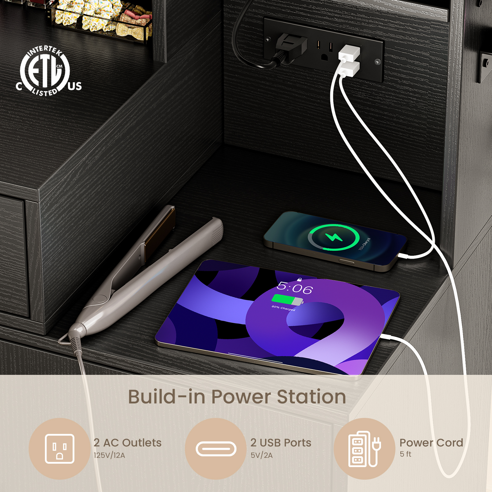 Driftalia Vanity Desk with Mirror and Lights, Makeup Vanity with Storage Drawer, Power Outlet and Large Cabinet for Bedroom - Black - Image 5