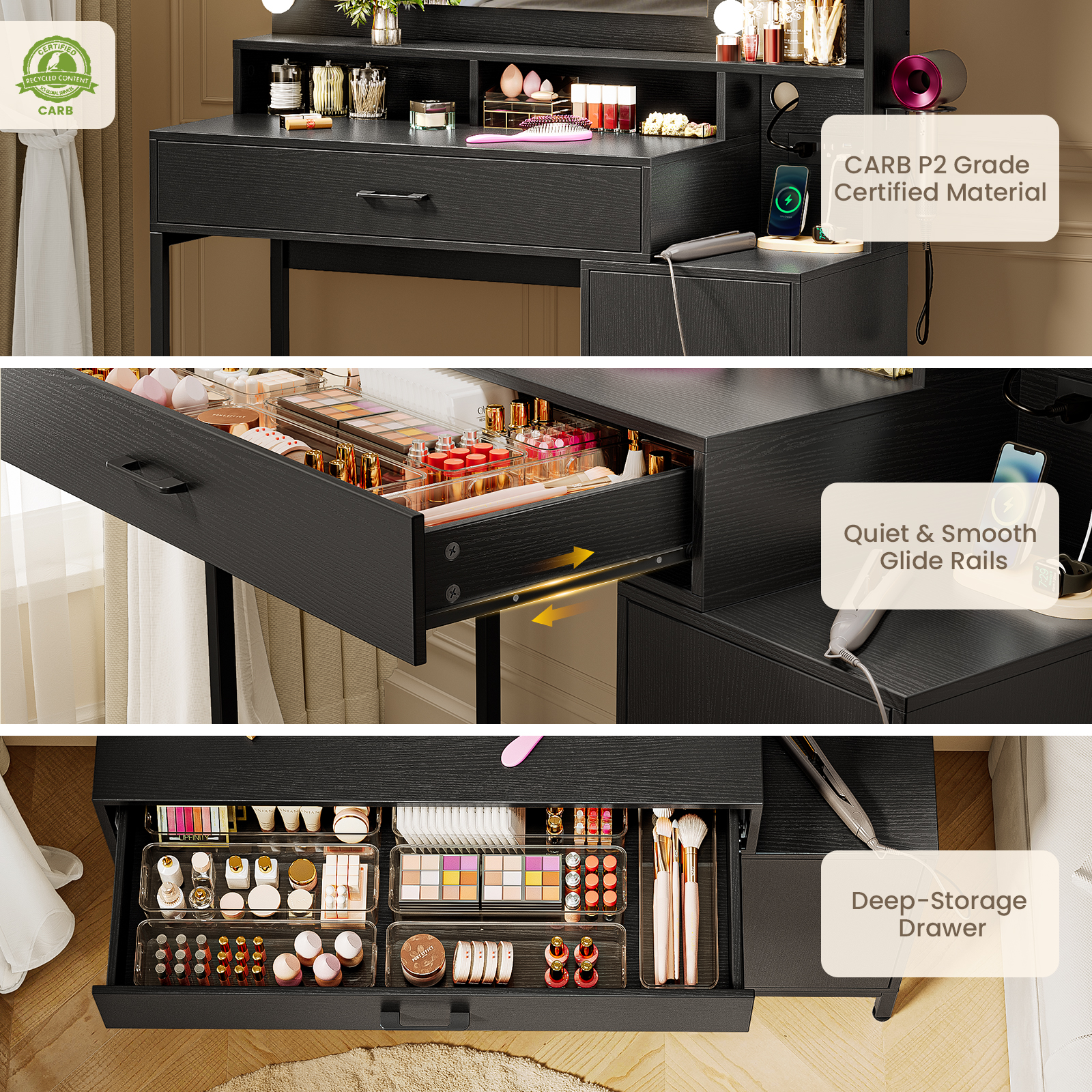Driftalia Vanity Desk with Mirror and Lights, Makeup Vanity with Storage Drawer, Power Outlet and Large Cabinet for Bedroom - Black - Image 6