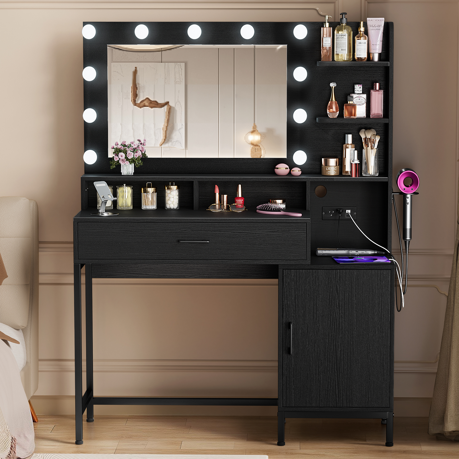 Driftalia Vanity Desk with Mirror and Lights, Makeup Vanity with Storage Drawer, Power Outlet and Large Cabinet for Bedroom - Black - Image 7