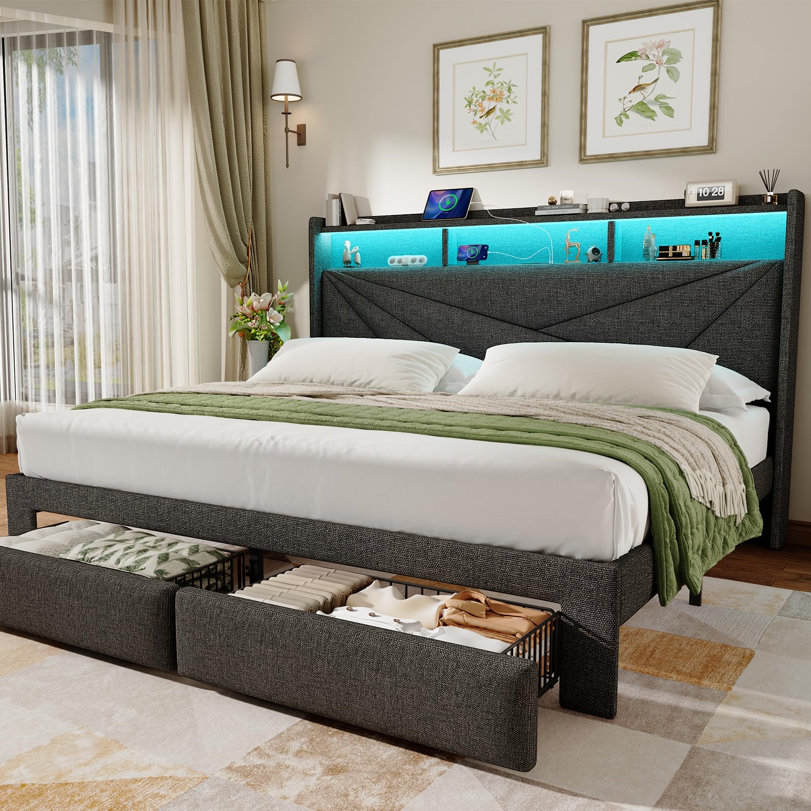 Driftalia King Size Bed Frame with 2-Tier Storage Headboard, Upholstered King Bed Frame with 2 Drawers, Charging Station and LED Lights, No Box Spring Needed, Easy Assembly - Dark Grey