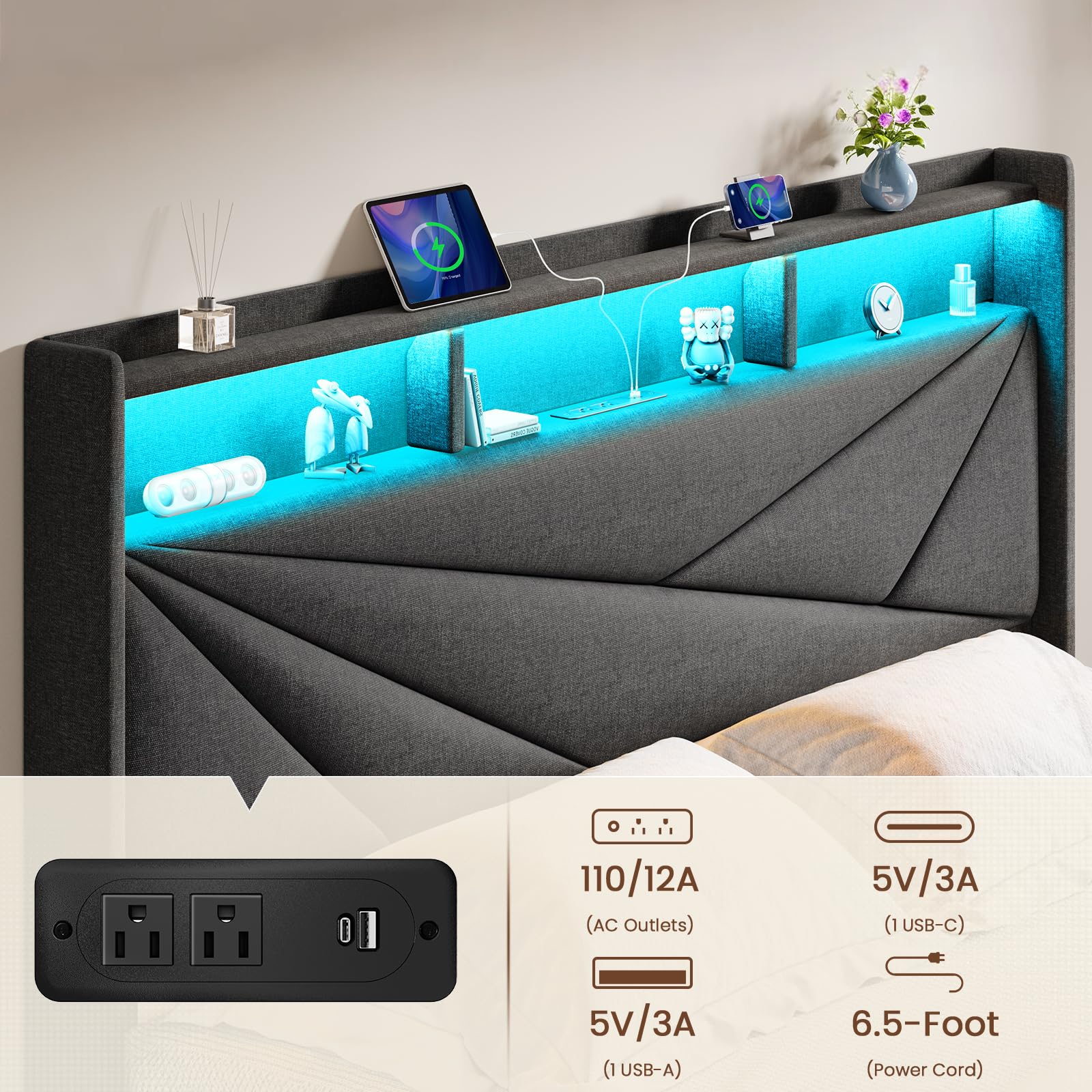 Driftalia King Size Bed Frame with 2-Tier Storage Headboard, Upholstered King Bed Frame with 2 Drawers, Charging Station and LED Lights, No Box Spring Needed, Easy Assembly - Dark Grey - Image 3