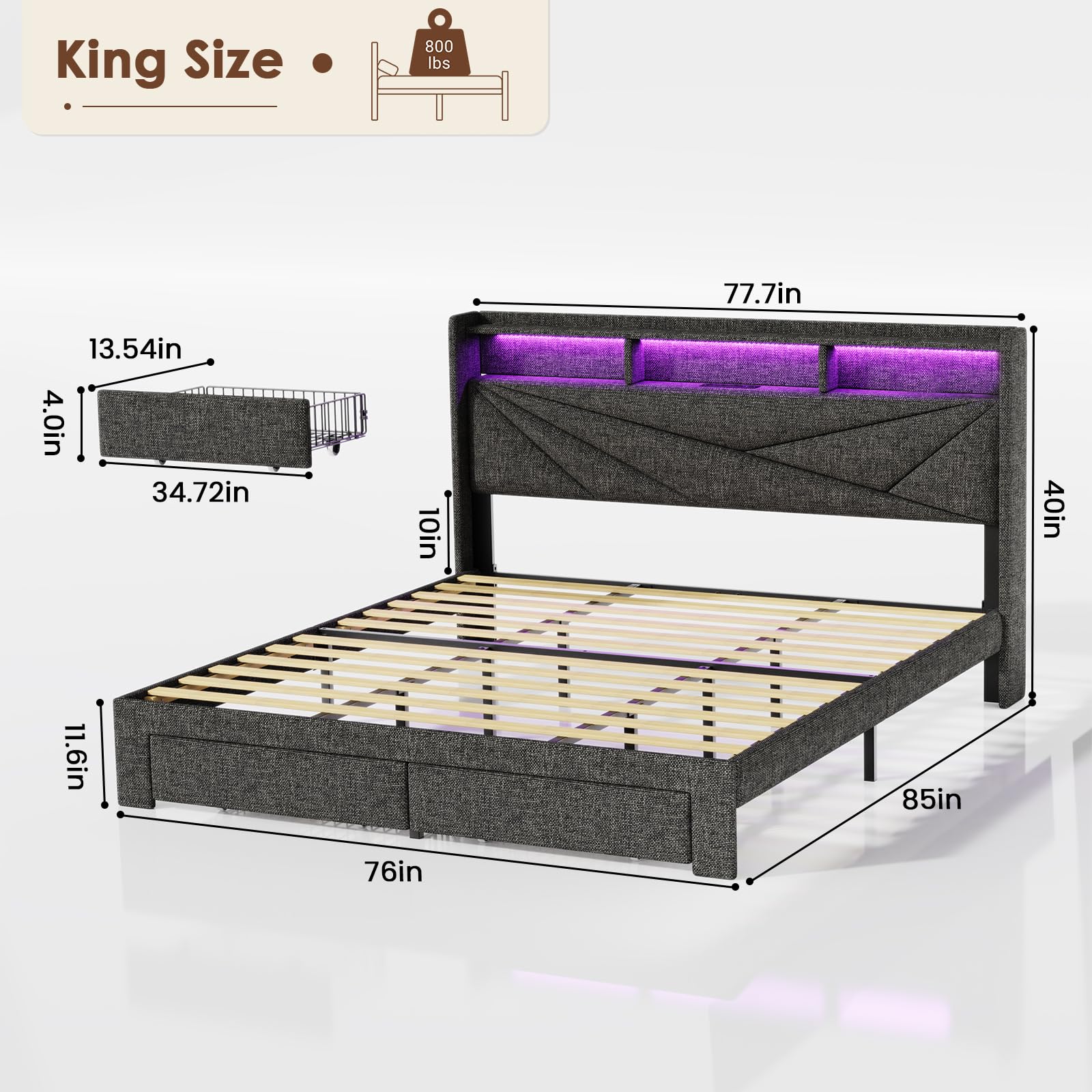 Driftalia King Size Bed Frame with 2-Tier Storage Headboard, Upholstered King Bed Frame with 2 Drawers, Charging Station and LED Lights, No Box Spring Needed, Easy Assembly - Dark Grey - Image 4
