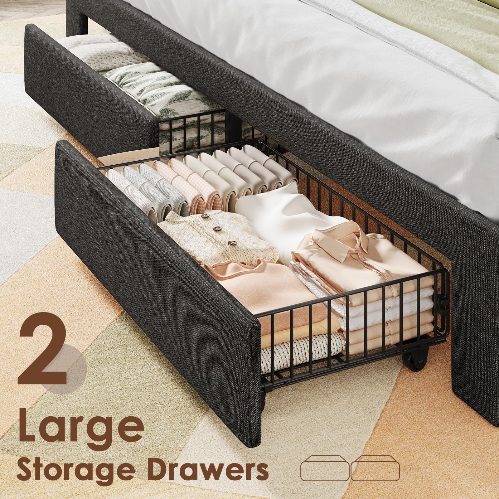 Driftalia King Size Bed Frame with 2-Tier Storage Headboard, Upholstered King Bed Frame with 2 Drawers, Charging Station and LED Lights, No Box Spring Needed, Easy Assembly - Dark Grey - Image 5