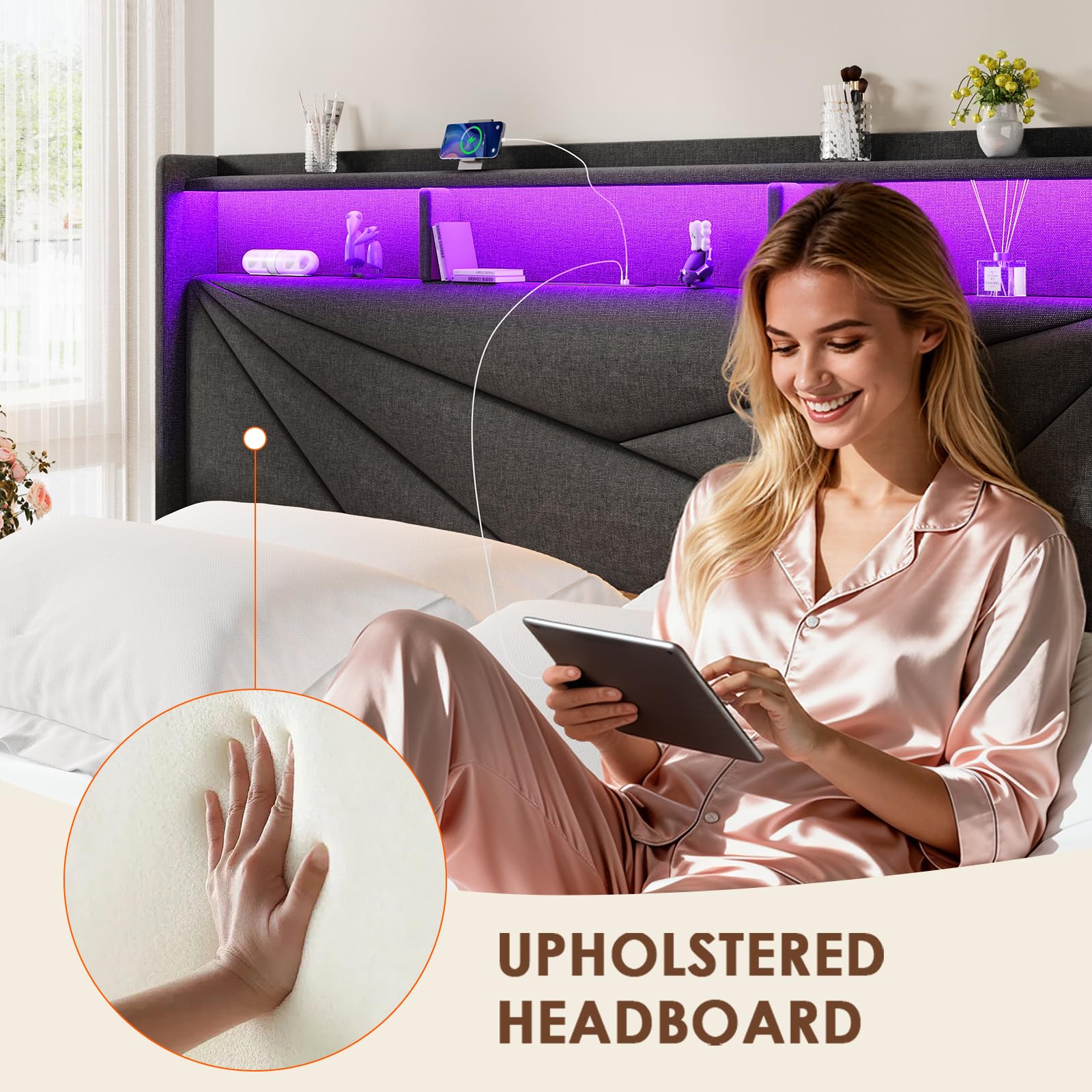 Driftalia King Size Bed Frame with 2-Tier Storage Headboard, Upholstered King Bed Frame with 2 Drawers, Charging Station and LED Lights, No Box Spring Needed, Easy Assembly - Dark Grey - Image 6