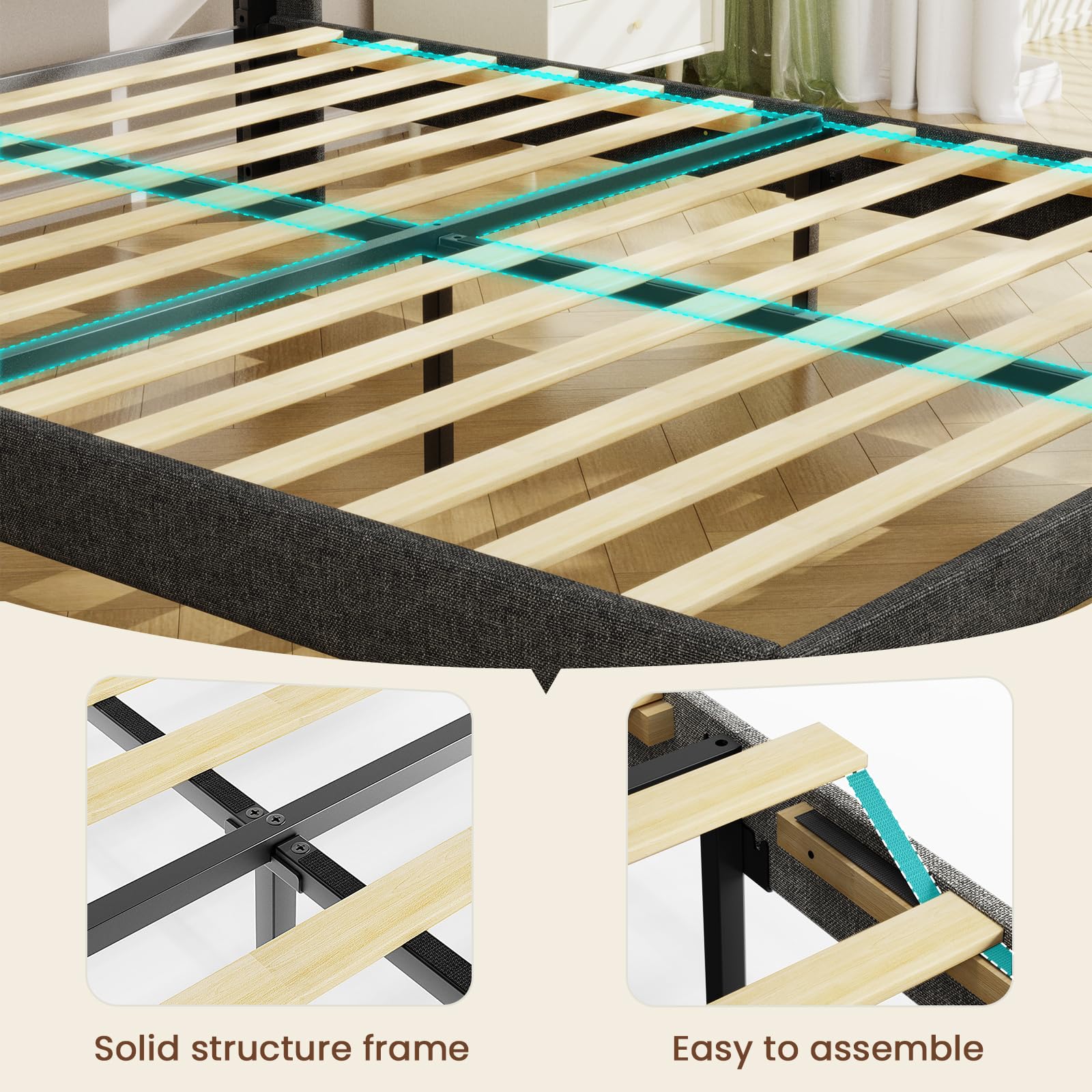 Driftalia King Size Bed Frame with 2-Tier Storage Headboard, Upholstered King Bed Frame with 2 Drawers, Charging Station and LED Lights, No Box Spring Needed, Easy Assembly - Dark Grey - Image 7