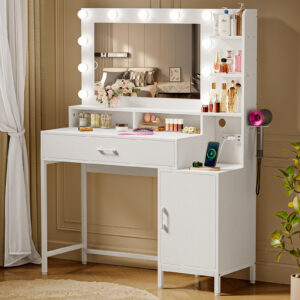 Driftalia Makeup Vanity Desk with Lighted Mirror & Power Outlets, White|39"W x15"D x55"H, 11 LED Bulbs, 3 Color Modes, 10 Brightness Levels, 2 AC+2 USB, Anti‑Tip Anchors, Hairdryer Holder