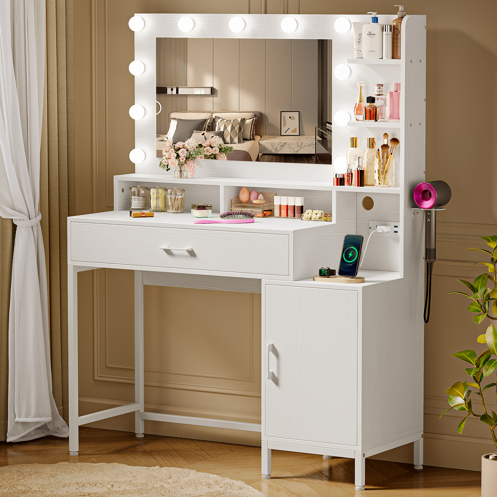 Driftalia Makeup Vanity Desk with Lighted Mirror & Power Outlets, White|39"W x15"D x55"H, 11 LED Bulbs, 3 Color Modes, 10 Brightness Levels, 2 AC+2 USB, Anti‑Tip Anchors, Hairdryer Holder