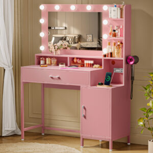 Driftalia Makeup Vanity Desk with Lights, Pink Vanity with Power Outlets|39"W x 15"D x 55"H, 11 LED Bulbs, 3 Color Modes, 10 Brightness Levels, 2 AC + 2 USB, Anti-Tip Anchors