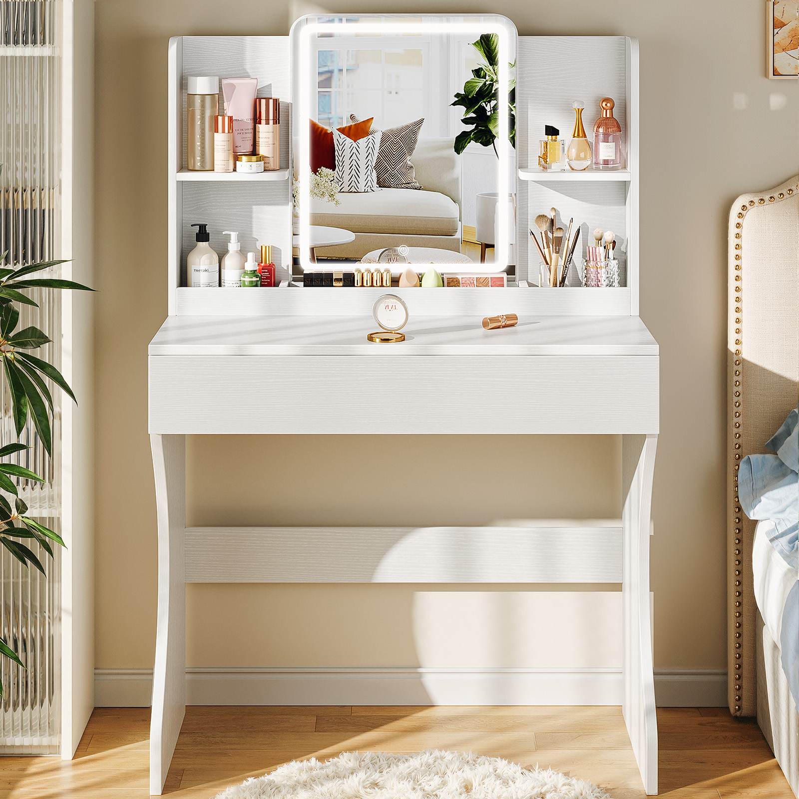 Driftalia Small White Vanity Desk with LED Mirror, 3 Color Lights | Dimmable Brightness, Multi-Layer Storage, Quick Assembly, CARB P2 Certified, for Small Bedroom, Dressing Room - Image 7