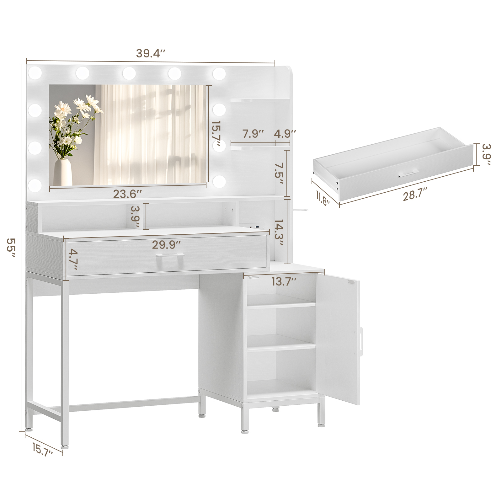 Driftalia Makeup Vanity Desk with Lighted Mirror & Power Outlets, White|39"W x15"D x55"H, 11 LED Bulbs, 3 Color Modes, 10 Brightness Levels, 2 AC+2 USB, Anti‑Tip Anchors, Hairdryer Holder - Image 2