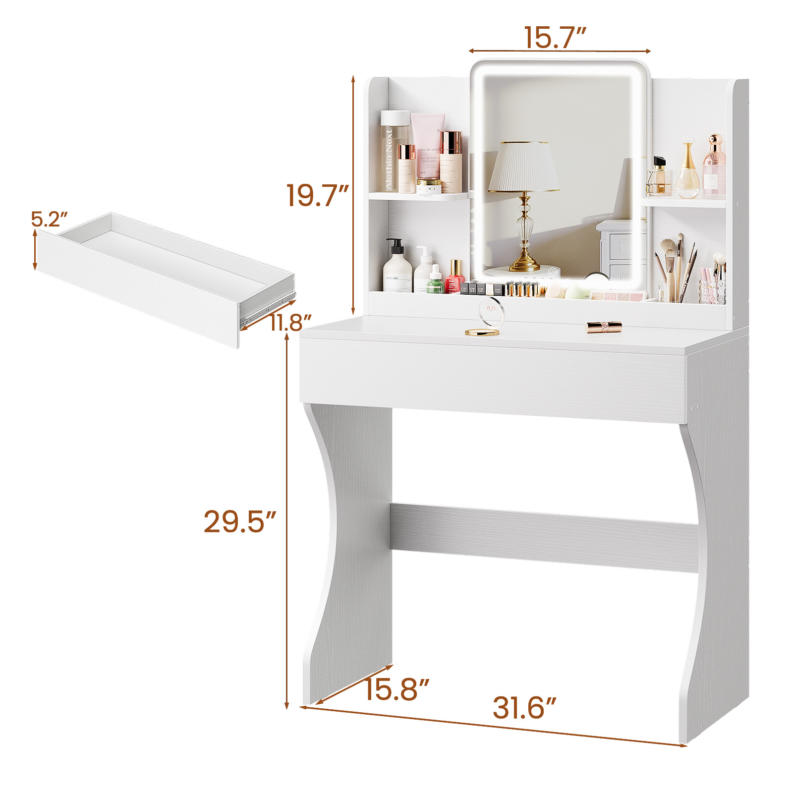 Driftalia Small White Vanity Desk with LED Mirror, 3 Color Lights | Dimmable Brightness, Multi-Layer Storage, Quick Assembly, CARB P2 Certified, for Small Bedroom, Dressing Room - Image 2