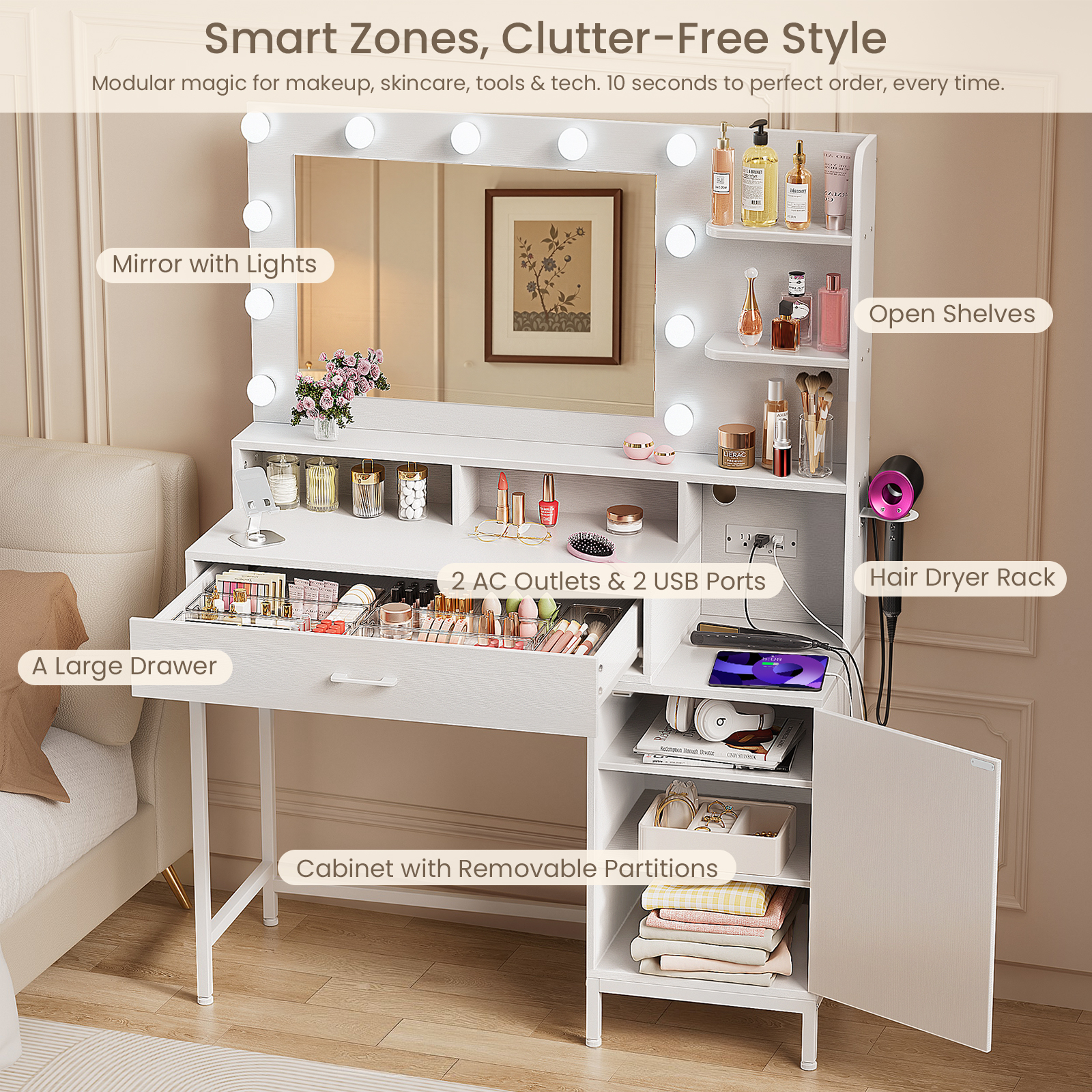 Driftalia Makeup Vanity Desk with Lighted Mirror & Power Outlets, White|39"W x15"D x55"H, 11 LED Bulbs, 3 Color Modes, 10 Brightness Levels, 2 AC+2 USB, Anti‑Tip Anchors, Hairdryer Holder - Image 3