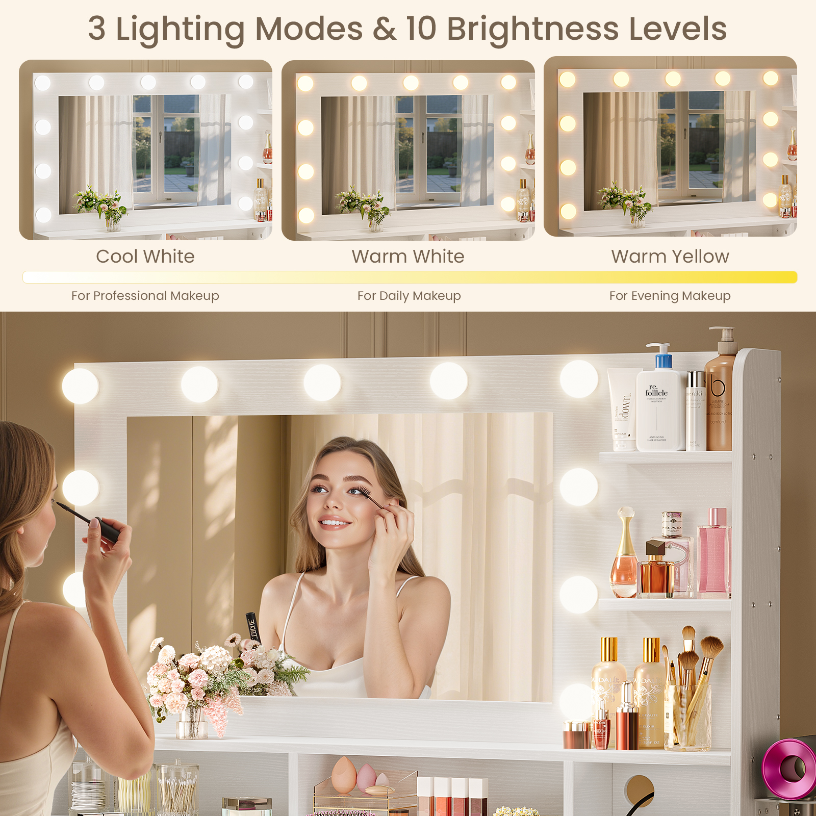 Driftalia Makeup Vanity Desk with Lighted Mirror & Power Outlets, White|39"W x15"D x55"H, 11 LED Bulbs, 3 Color Modes, 10 Brightness Levels, 2 AC+2 USB, Anti‑Tip Anchors, Hairdryer Holder - Image 4