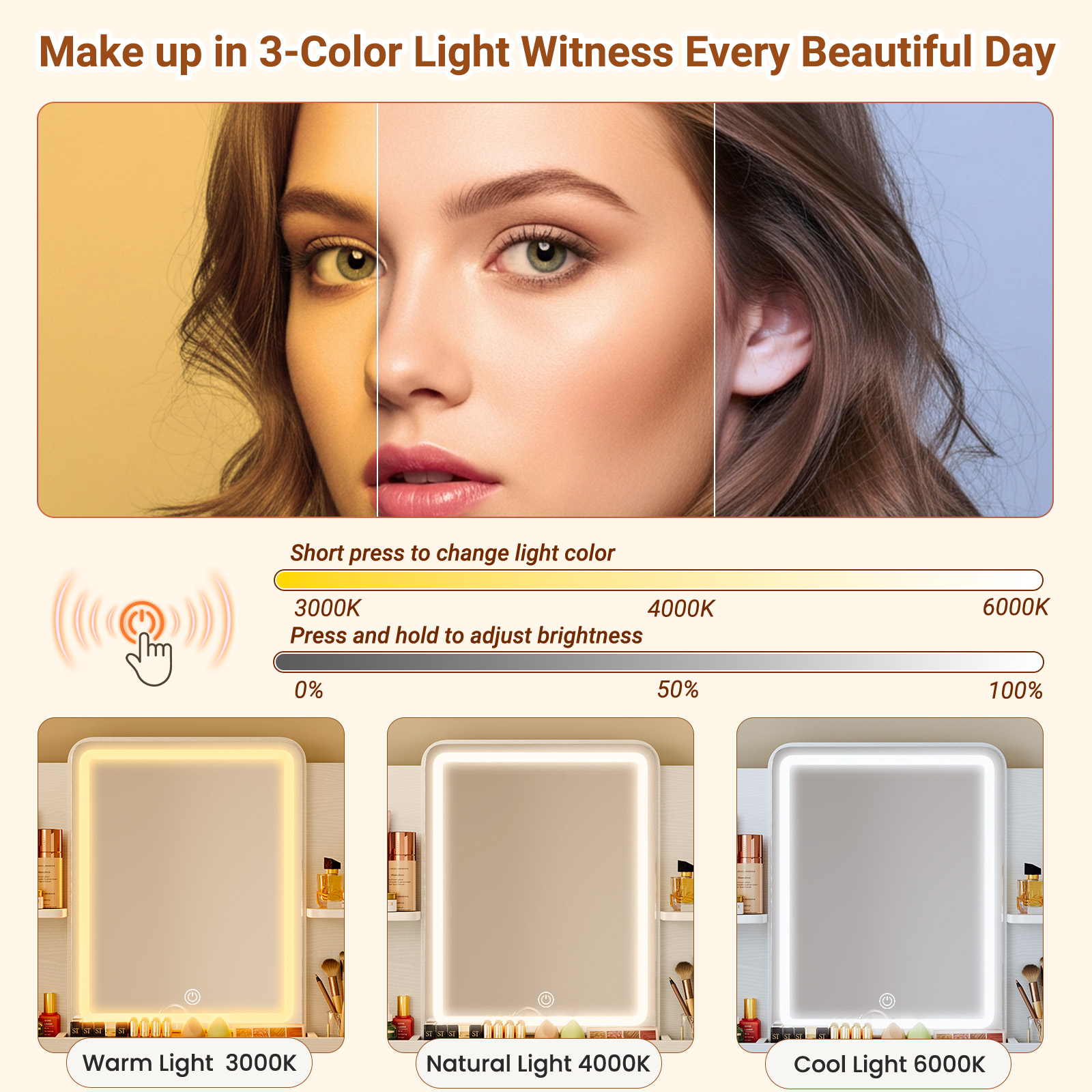Driftalia Small White Vanity Desk with LED Mirror, 3 Color Lights | Dimmable Brightness, Multi-Layer Storage, Quick Assembly, CARB P2 Certified, for Small Bedroom, Dressing Room - Image 4