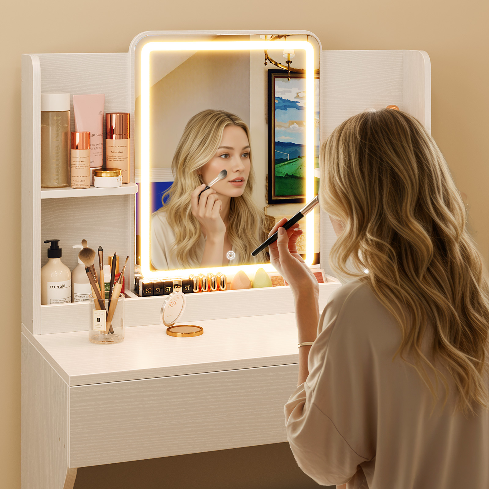 Driftalia Small White Vanity Desk with LED Mirror, 3 Color Lights | Dimmable Brightness, Multi-Layer Storage, Quick Assembly, CARB P2 Certified, for Small Bedroom, Dressing Room - Image 5
