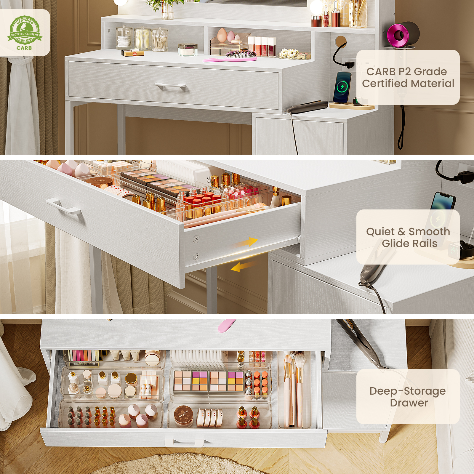 Driftalia Makeup Vanity Desk with Lighted Mirror & Power Outlets, White|39"W x15"D x55"H, 11 LED Bulbs, 3 Color Modes, 10 Brightness Levels, 2 AC+2 USB, Anti‑Tip Anchors, Hairdryer Holder - Image 6