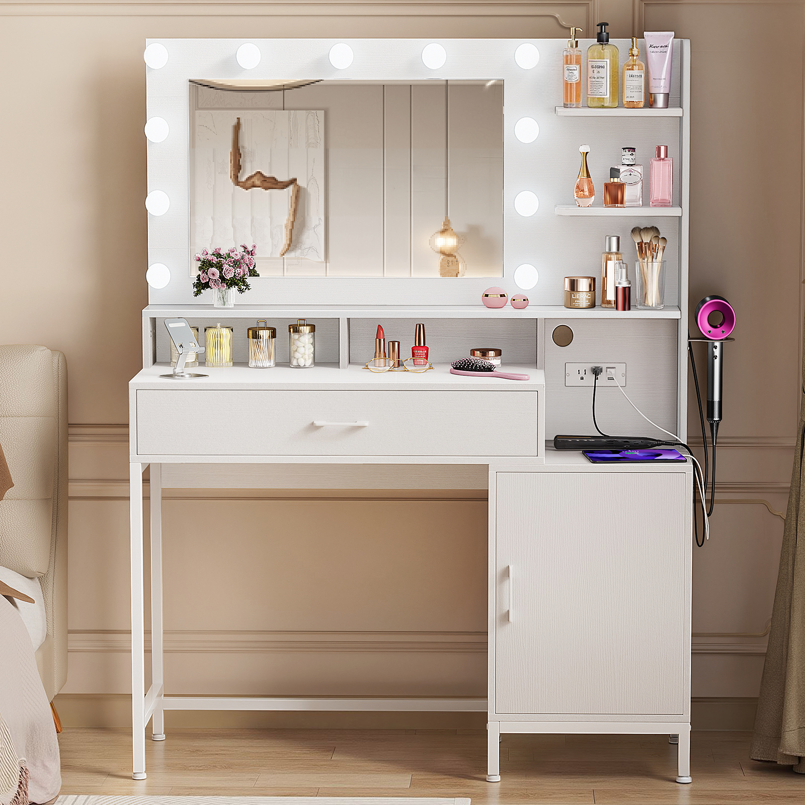 Driftalia Makeup Vanity Desk with Lighted Mirror & Power Outlets, White|39"W x15"D x55"H, 11 LED Bulbs, 3 Color Modes, 10 Brightness Levels, 2 AC+2 USB, Anti‑Tip Anchors, Hairdryer Holder - Image 7