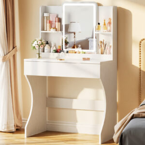 Driftalia Small White Vanity Desk with LED Mirror, 3 Color Lights | Dimmable Brightness, Multi-Layer Storage, Quick Assembly, CARB P2 Certified, for Small Bedroom, Dressing Room