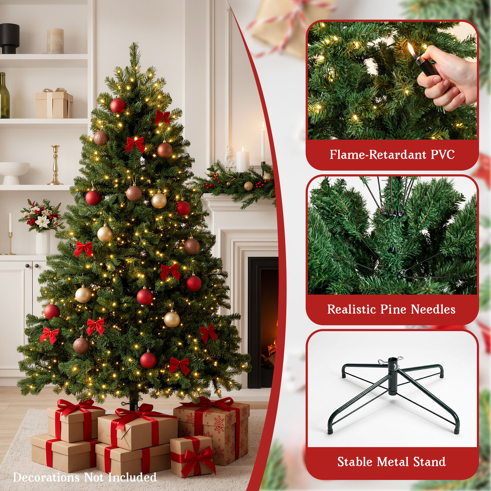 6FT Pre-Lit Artificial Christmas Tree, 300 LED Lights, 900 PVC Branch Tips|Remote Control, 8 Lighting Modes, Adjustable Brightness & Timer, Foldable Metal Stand, Fire-Resistant Needles - Image 3