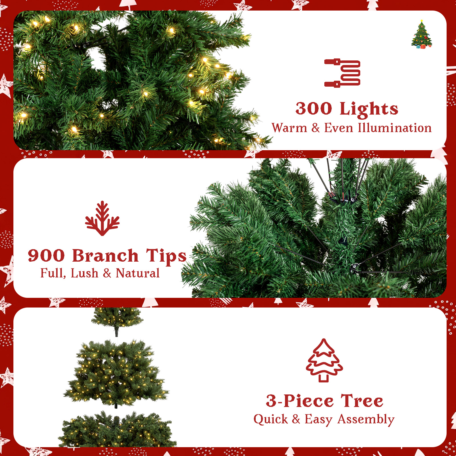 6FT Pre-Lit Artificial Christmas Tree, 300 LED Lights, 900 PVC Branch Tips|Remote Control, 8 Lighting Modes, Adjustable Brightness & Timer, Foldable Metal Stand, Fire-Resistant Needles - Image 4