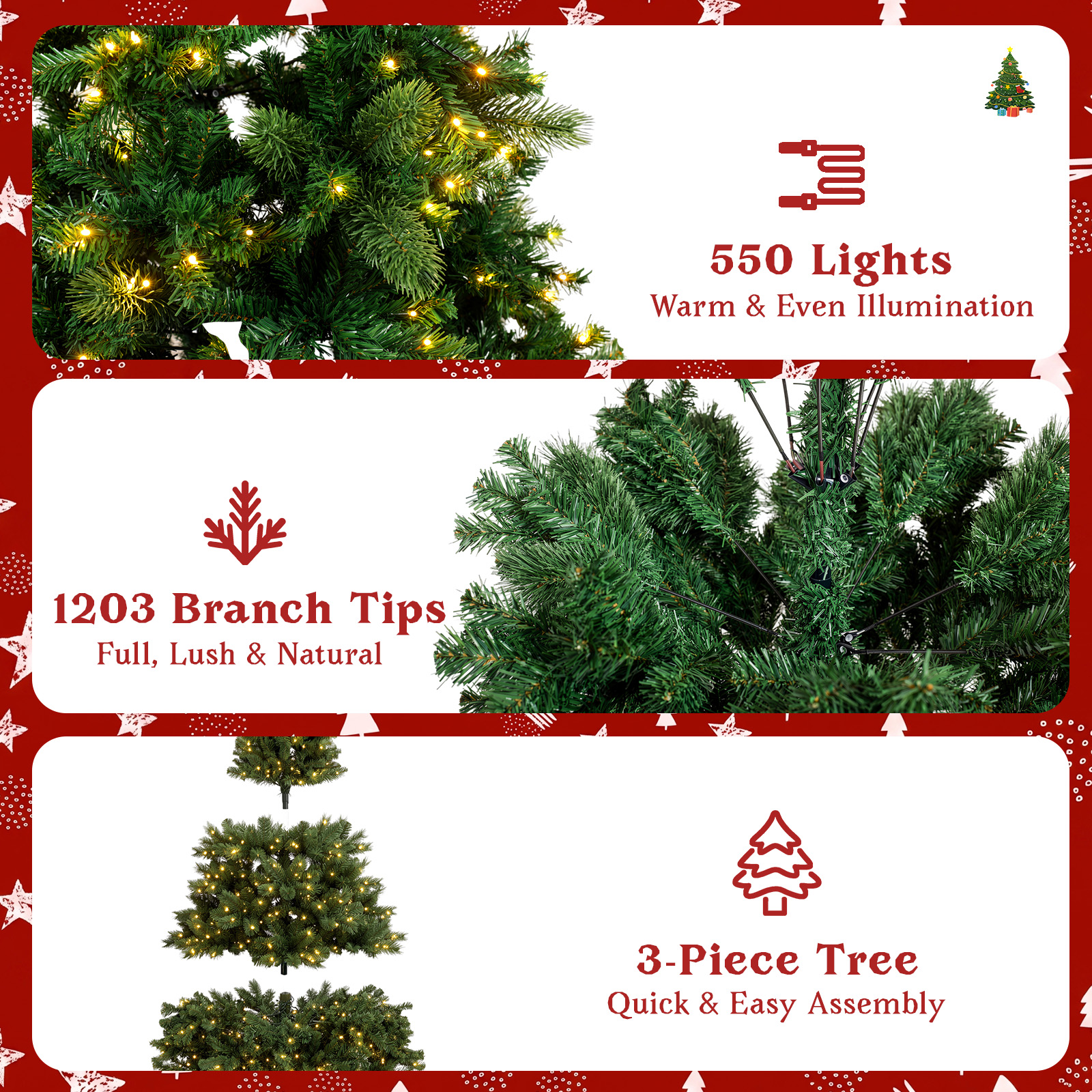 7.5FT Pre-Lit Artificial Christmas Tree, 550 LED Lights, 1203 Branch Tips|Remote Control, 8 Lighting Modes, Adjustable Brightness & Timer, Foldable Metal Stand, Fire-Resistant Needles - Image 4