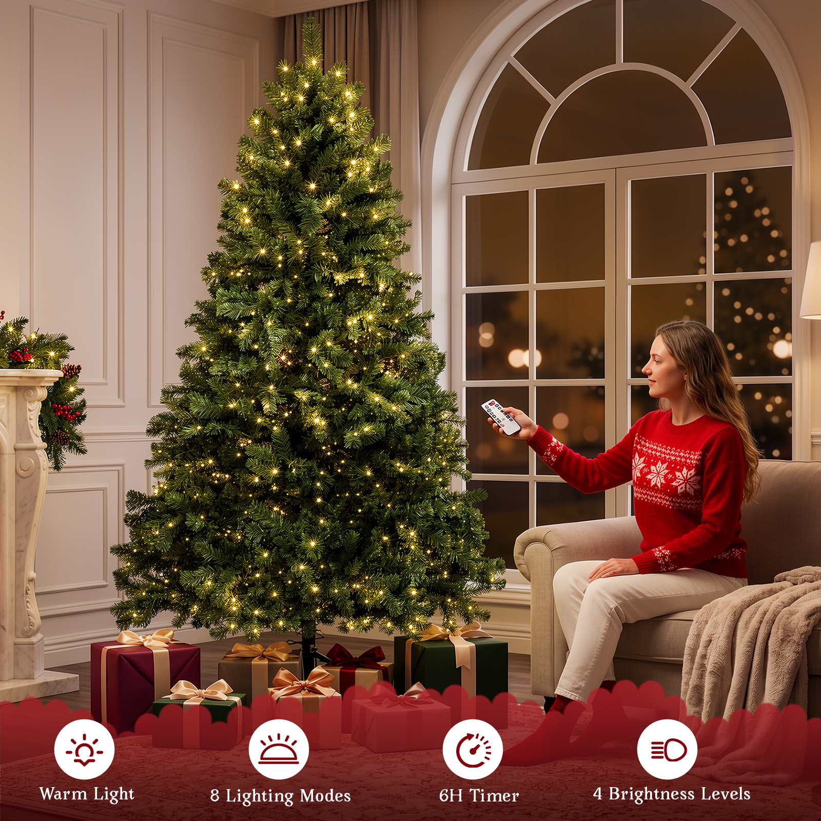 6FT Pre-Lit Artificial Christmas Tree, 300 LED Lights, 900 PVC Branch Tips|Remote Control, 8 Lighting Modes, Adjustable Brightness & Timer, Foldable Metal Stand, Fire-Resistant Needles - Image 7