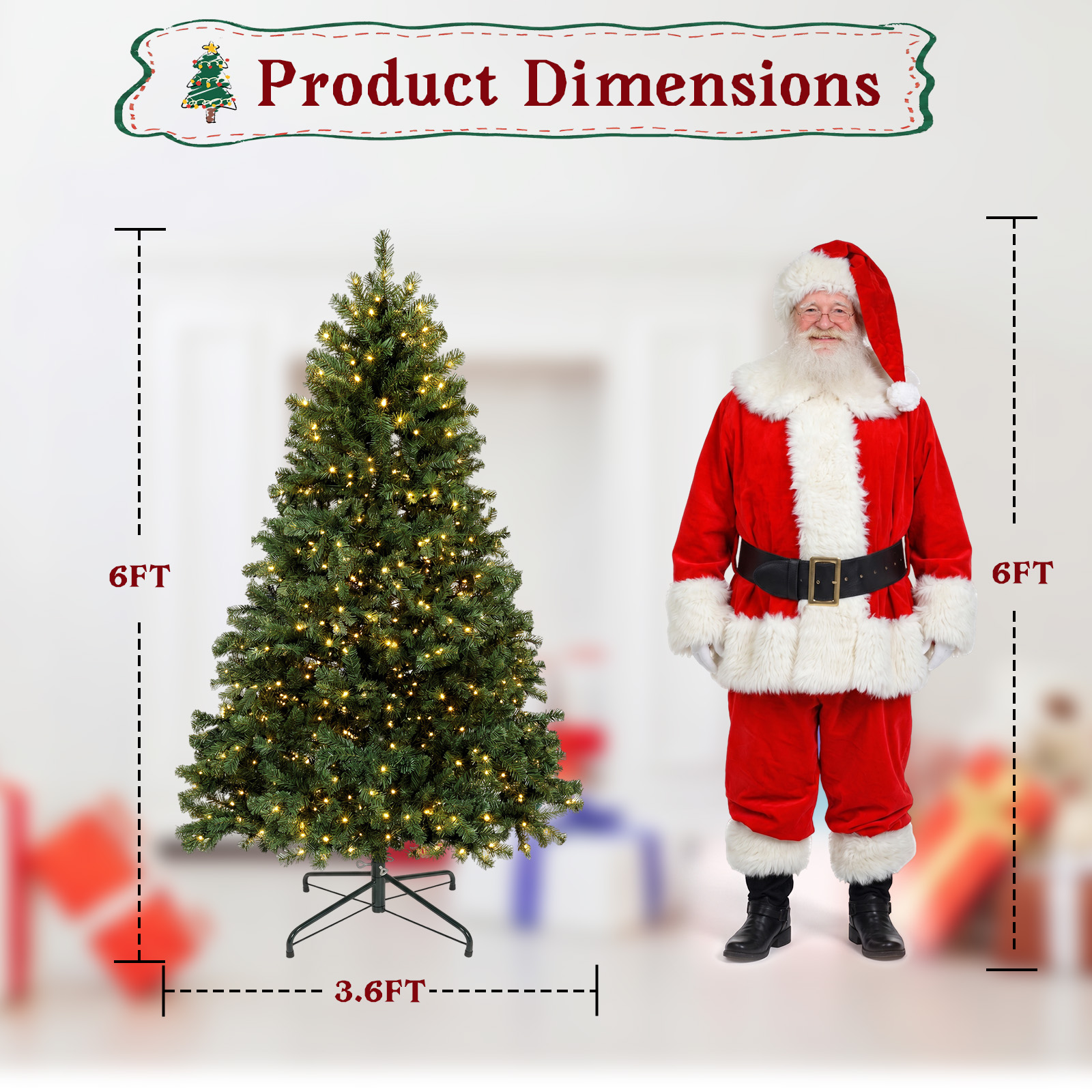 6FT Pre-Lit Artificial Christmas Tree, 300 LED Lights, 900 PVC Branch Tips|Remote Control, 8 Lighting Modes, Adjustable Brightness & Timer, Foldable Metal Stand, Fire-Resistant Needles - Image 8